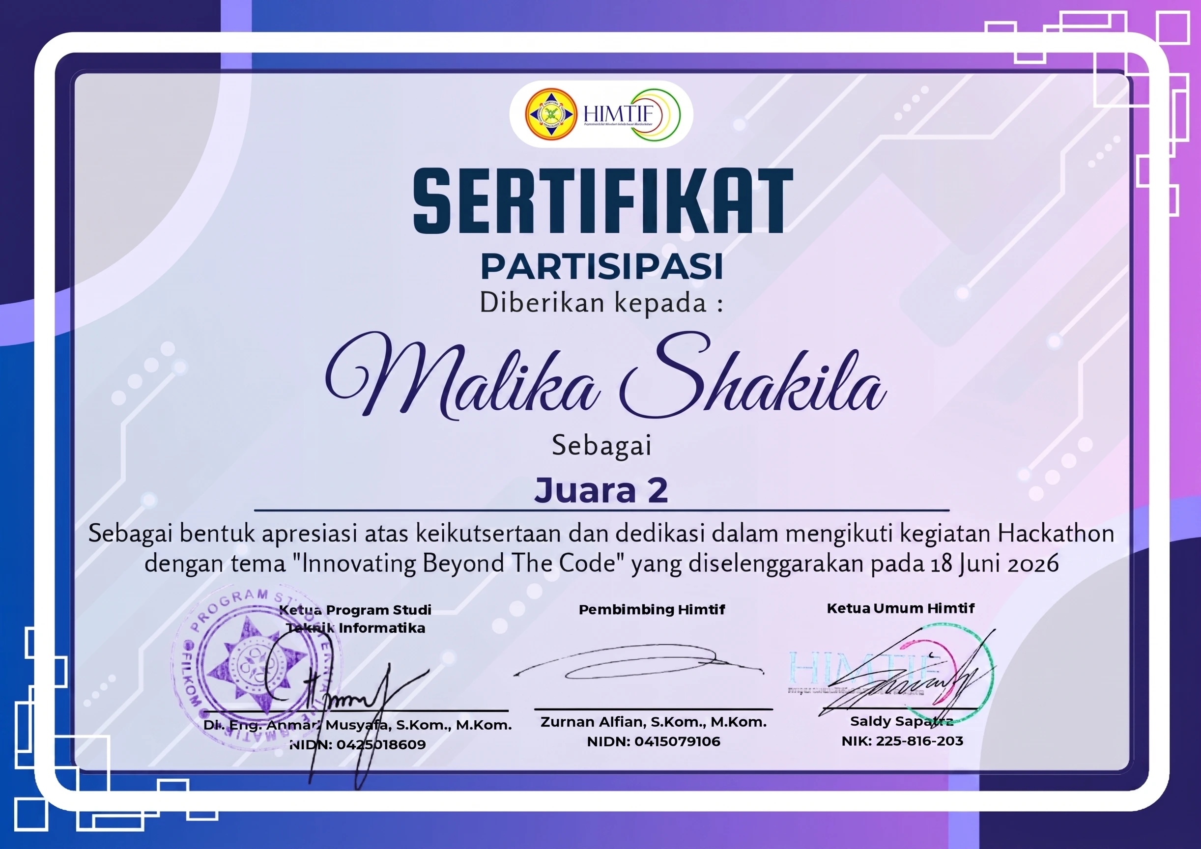 Top 2 - Hackathon 2026 "Innovating Beyond The Code" Certificate 1